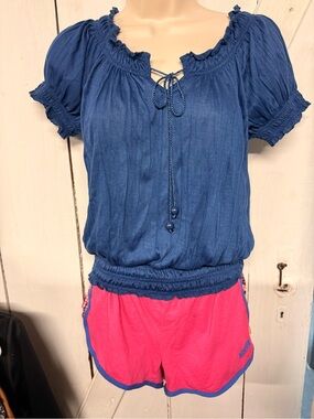 Blue Smocked Peasant Top with Tie